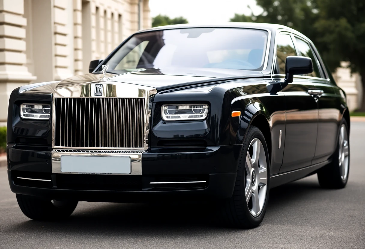 Rolls-Royce Phantom, berline de luxe noire, vue de trois-quarts avant